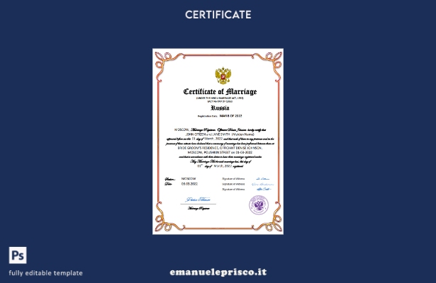 Certificato di matrimonio russo in stile verificato Modello Word e PDF